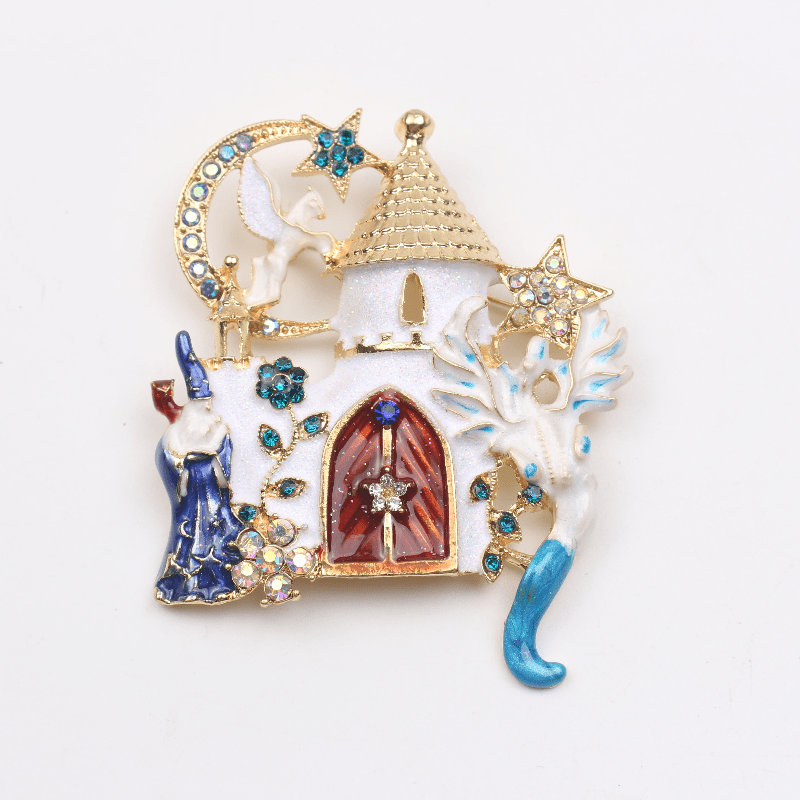 Enamel Magical Castle Brooch with Stars Moon Flying Horse for Dresses and Sweaters