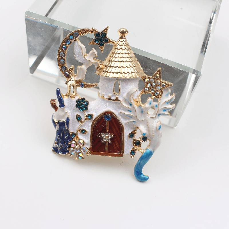 Enamel Magical Castle Brooch with Stars Moon Flying Horse for Dresses and Sweaters