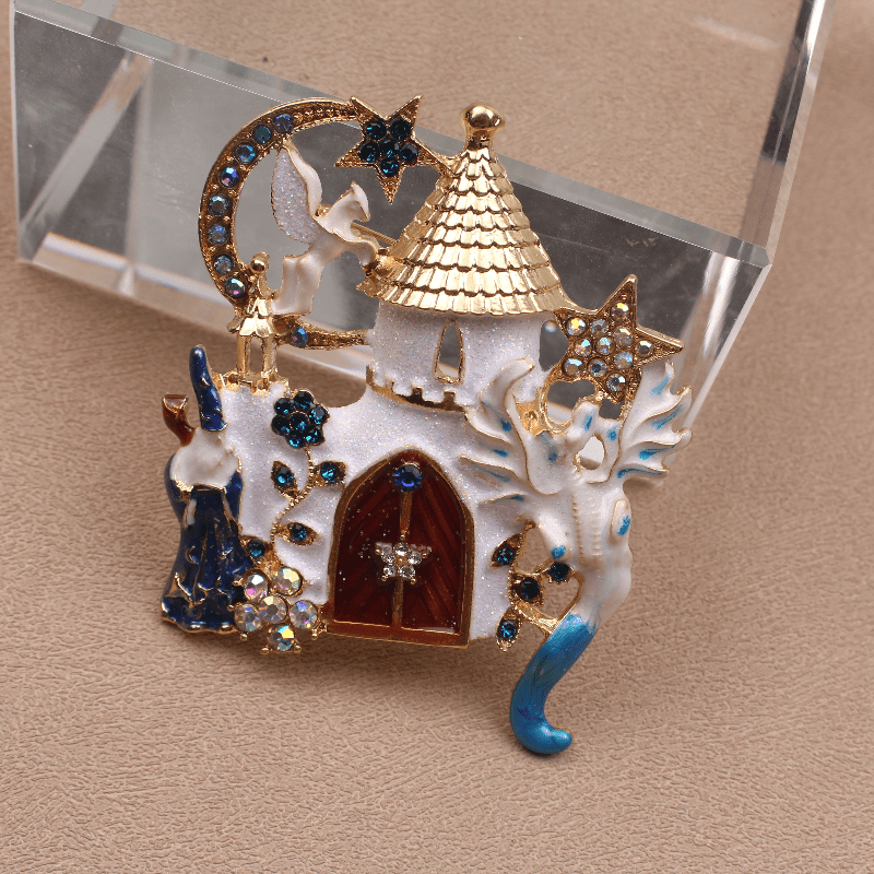 Enamel Magical Castle Brooch with Stars Moon Flying Horse for Dresses and Sweaters