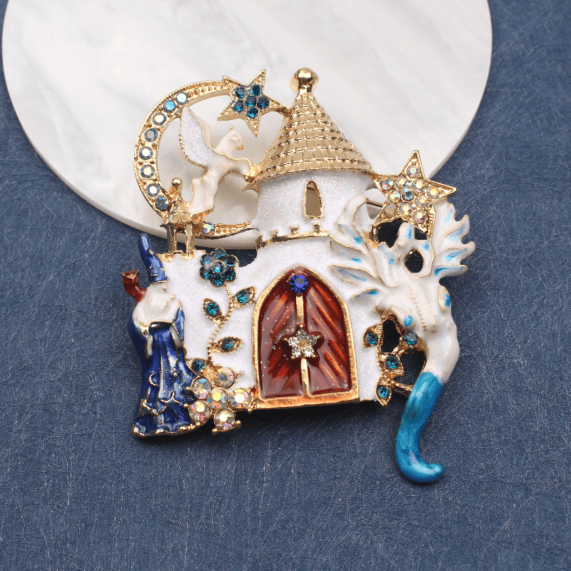 Enamel Magical Castle Brooch with Stars Moon Flying Horse for Dresses and Sweaters