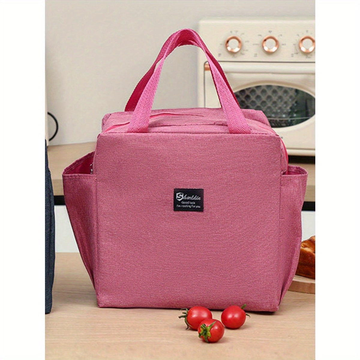 Insulated Lunch Bag with Two Pockets Oxford Cloth Durable Hand Washable for School Work Picnic Beach