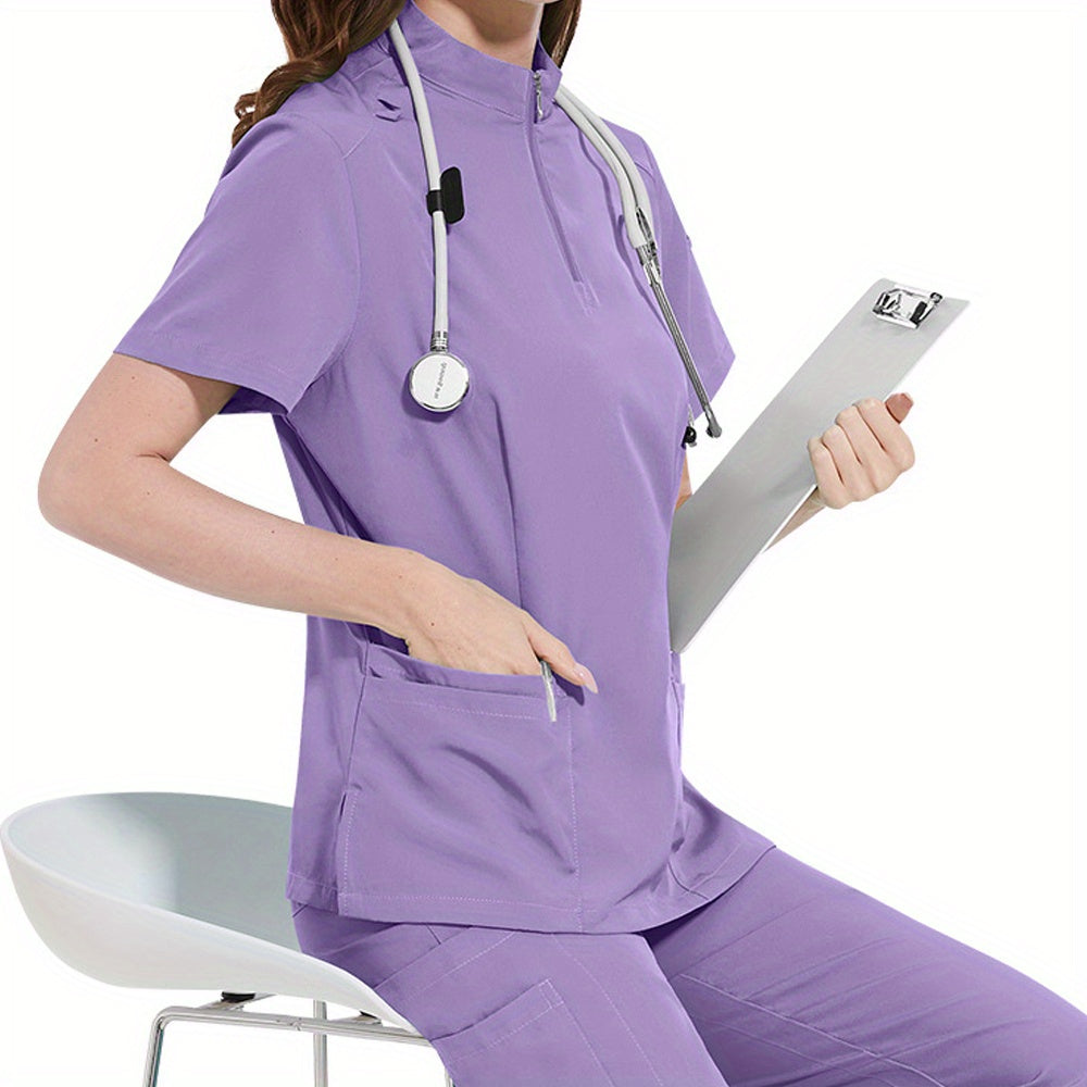 Women's ICU Nurse Scrub Set Solid Color Stand-Up Collar Pockets Polyester Spandex