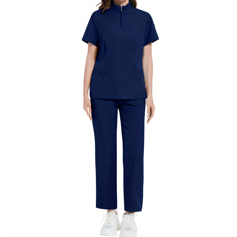 Women's ICU Nurse Scrub Set Solid Color Stand-Up Collar Pockets Polyester Spandex