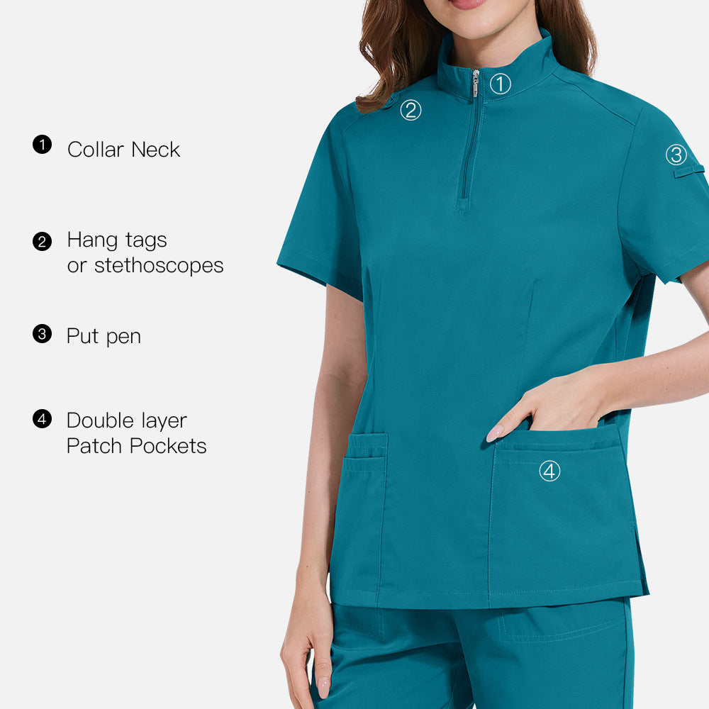 Women's ICU Nurse Scrub Set Solid Color Stand-Up Collar Pockets Polyester Spandex