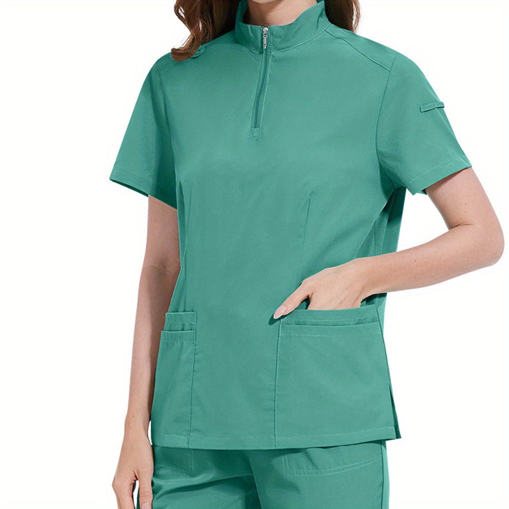 Women's ICU Nurse Scrub Set Solid Color Stand-Up Collar Pockets Polyester Spandex