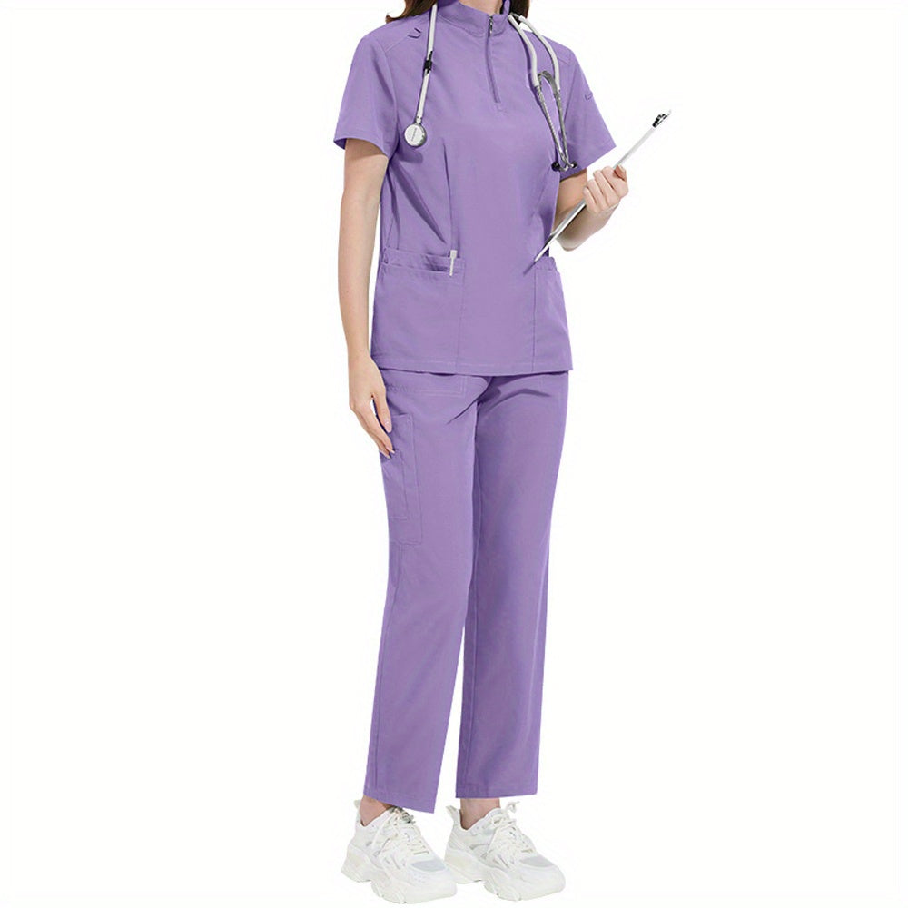 Women's ICU Nurse Scrub Set Solid Color Stand-Up Collar Pockets Polyester Spandex