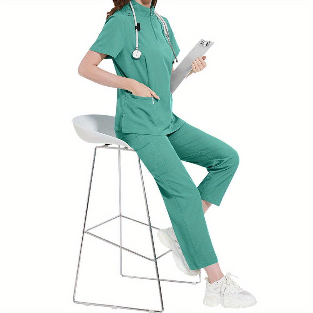 Women's ICU Nurse Scrub Set Solid Color Stand-Up Collar Pockets Polyester Spandex