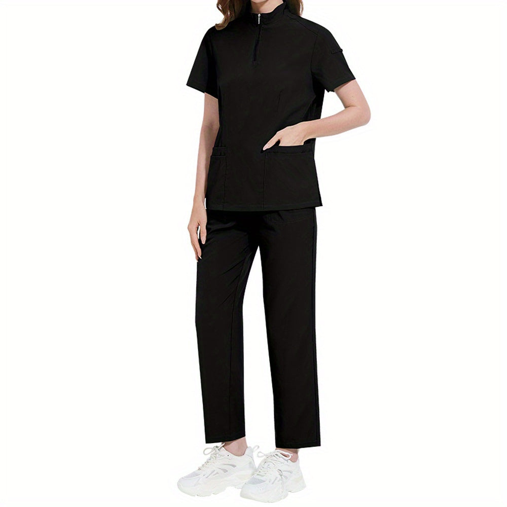 Women's ICU Nurse Scrub Set Solid Color Stand-Up Collar Pockets Polyester Spandex