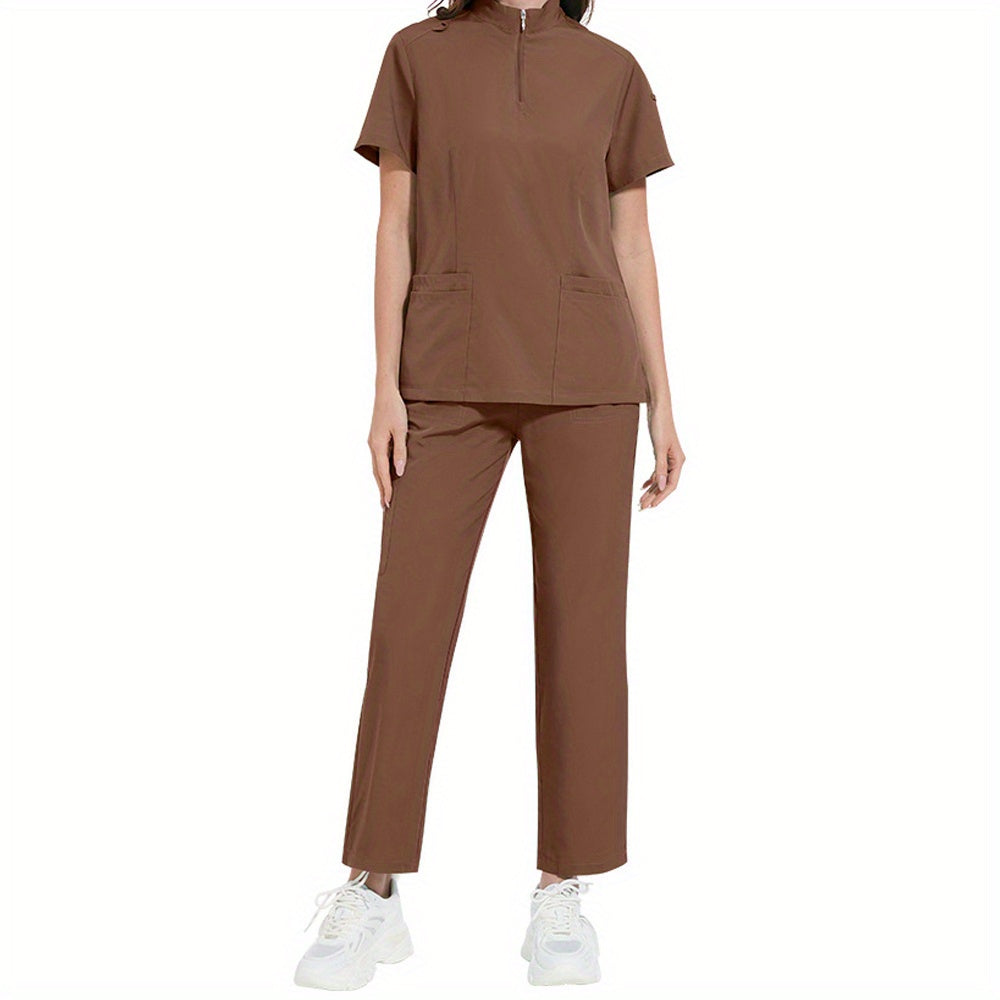 Women's ICU Nurse Scrub Set Solid Color Stand-Up Collar Pockets Polyester Spandex
