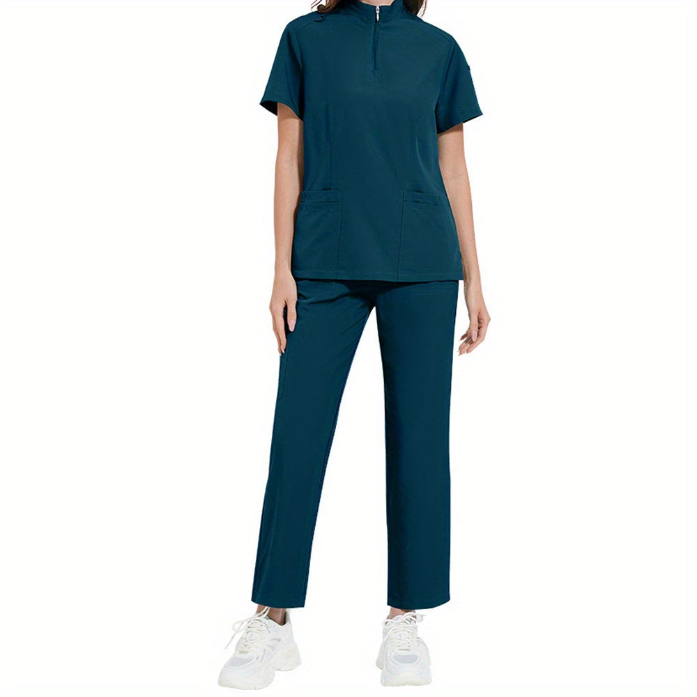 Women's ICU Nurse Scrub Set Solid Color Stand-Up Collar Pockets Polyester Spandex