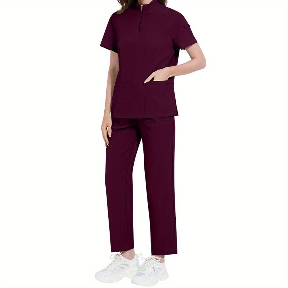 Women's ICU Nurse Scrub Set Solid Color Stand-Up Collar Pockets Polyester Spandex