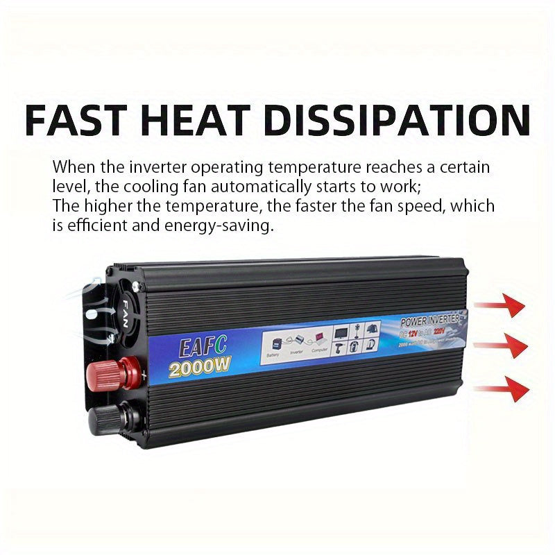 EAFC 2000W Портативный Инвертор Питания для EU Разъема, DC 12V до AC 220V-240V, Идеально подходит для Ноутбуков, Телевизоров, Камер и Игровых Консолей, Жесткая Проводка Электричества для Транспортных Средств.