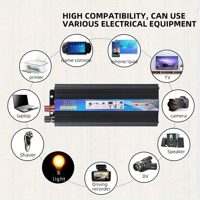 EAFC 2000W Портативный Инвертор Питания для EU Разъема, DC 12V до AC 220V-240V, Идеально подходит для Ноутбуков, Телевизоров, Камер и Игровых Консолей, Жесткая Проводка Электричества для Транспортных Средств.