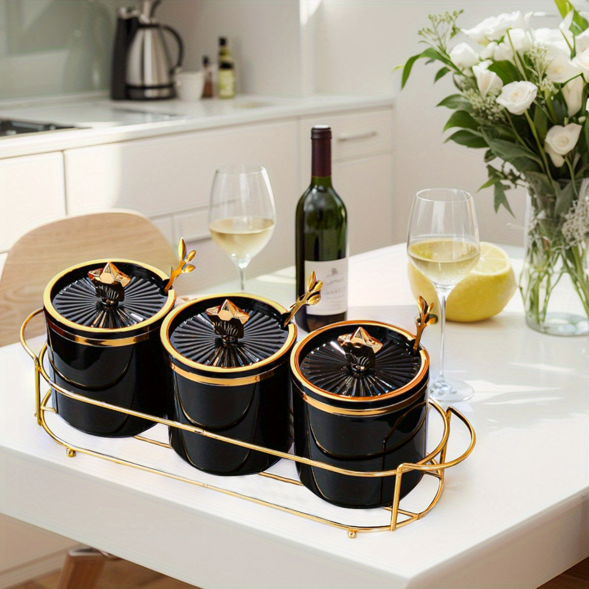 Набор для хранения на кухне с железными и пластиковыми банками для приправ и подносом