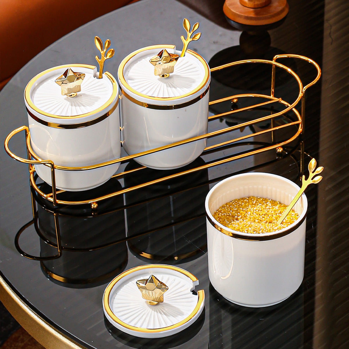 Kitchen Storage Set with Iron and Plastic Seasoning Jars and Tray