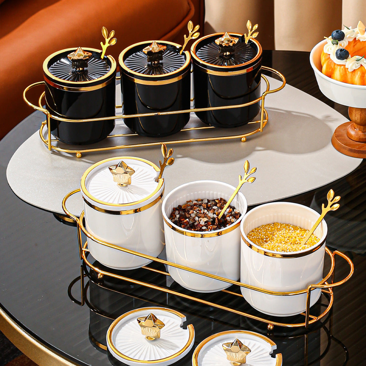 Kitchen Storage Set with Iron and Plastic Seasoning Jars and Tray