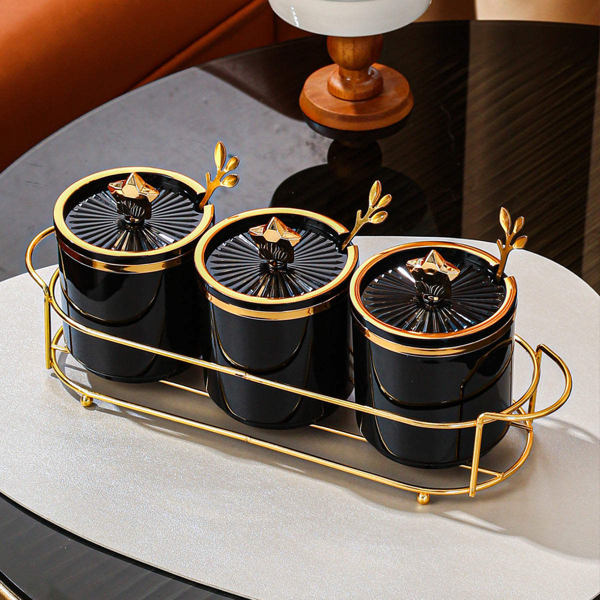 Kitchen Storage Set with Iron and Plastic Seasoning Jars and Tray