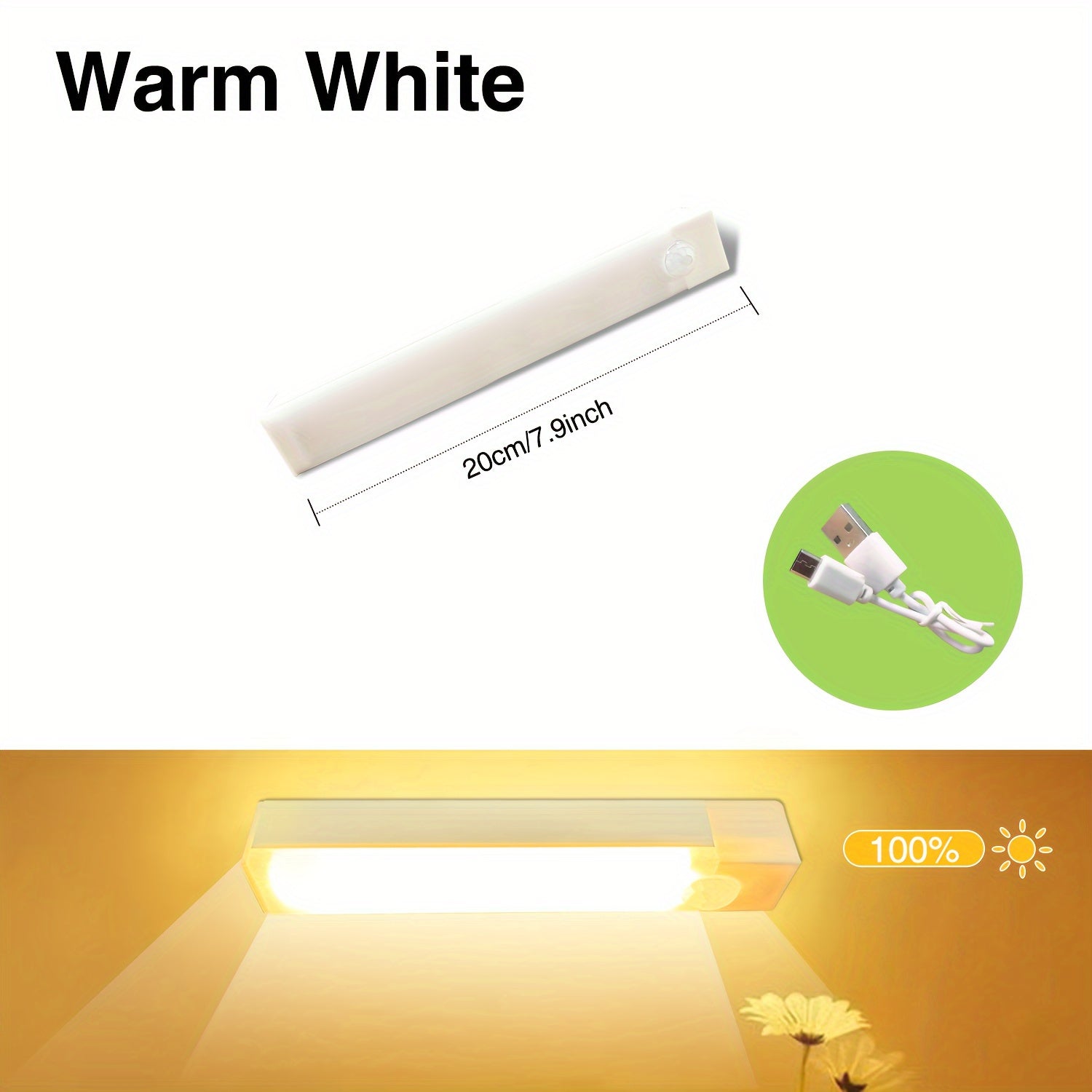Rechargeable LED Motion Sensor Light Bar for Indoor Use White Plastic Energy Efficient