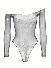 Ayollar uchun rhinestone bodysuit, ichki kiyim yoki ichki shimlarsiz, zamonaviy charm dizayni bilan.