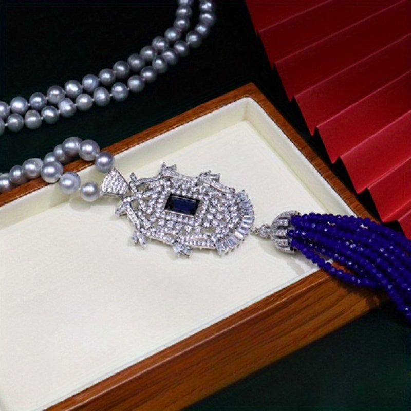 Collar largo de otoño e invierno con perlas de agua dulce de 8-9mm y incrustación de zirconia