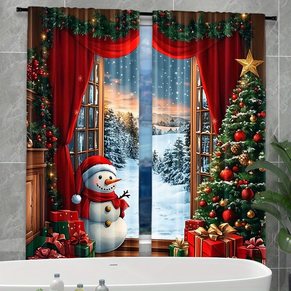 Set of 2 Christmas Curtains Santa Snowman Rustic Wooden Background Holiday Decor Polyester Easy Rod Pocket