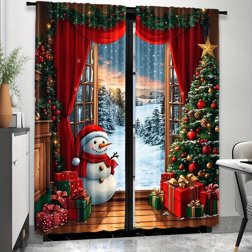 Set of 2 Christmas Curtains Santa Snowman Rustic Wooden Background Holiday Decor Polyester Easy Rod Pocket