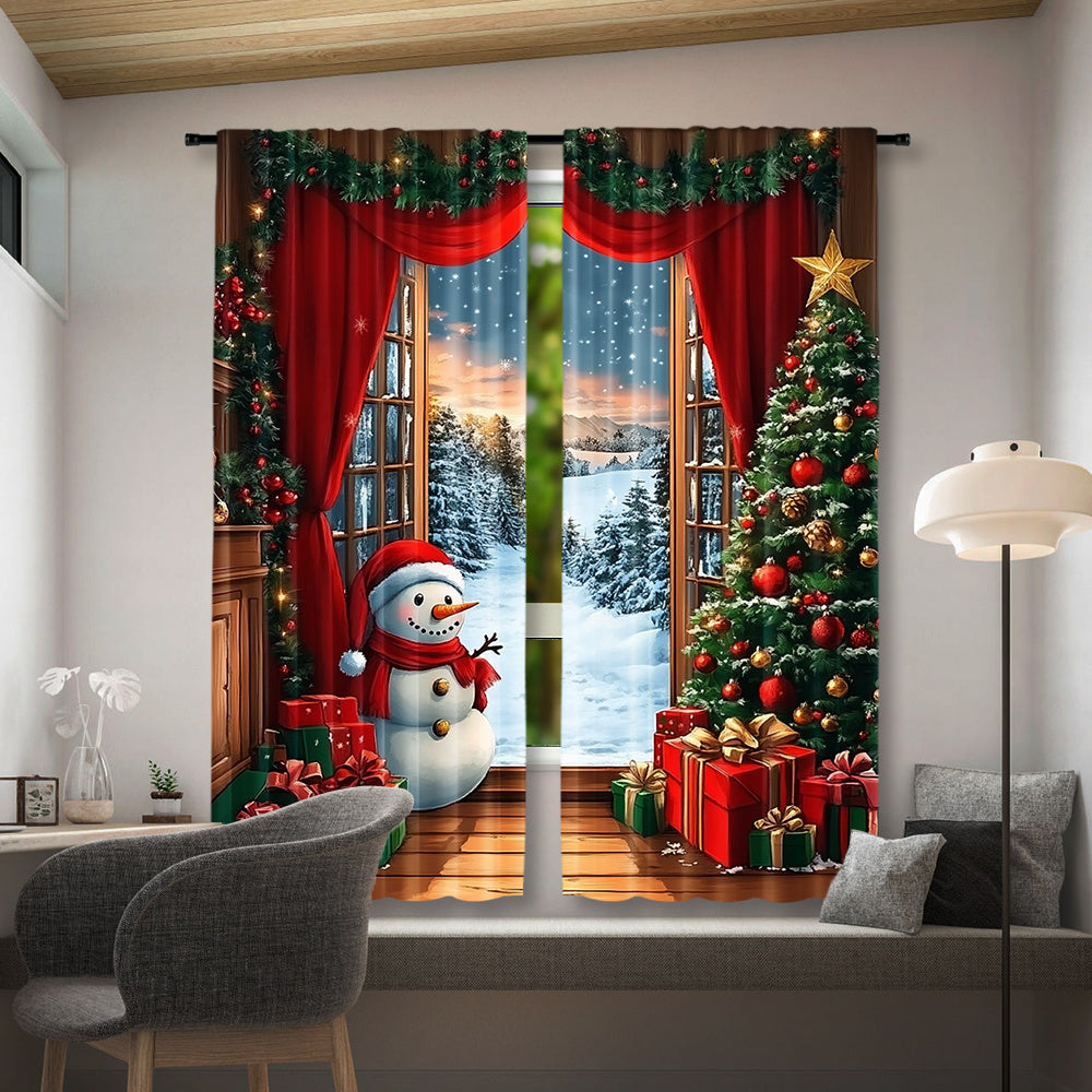 Set of 2 Christmas Curtains Santa Snowman Rustic Wooden Background Holiday Decor Polyester Easy Rod Pocket