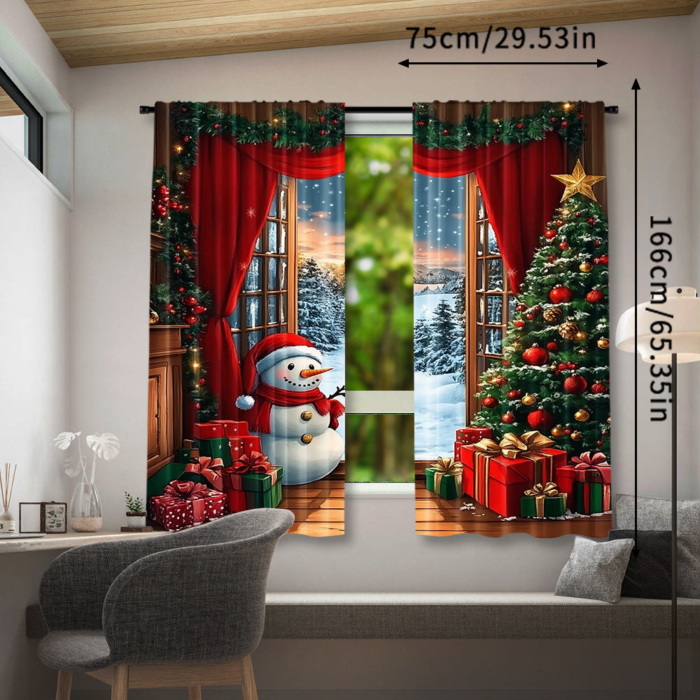 Set of 2 Christmas Curtains Santa Snowman Rustic Wooden Background Holiday Decor Polyester Easy Rod Pocket