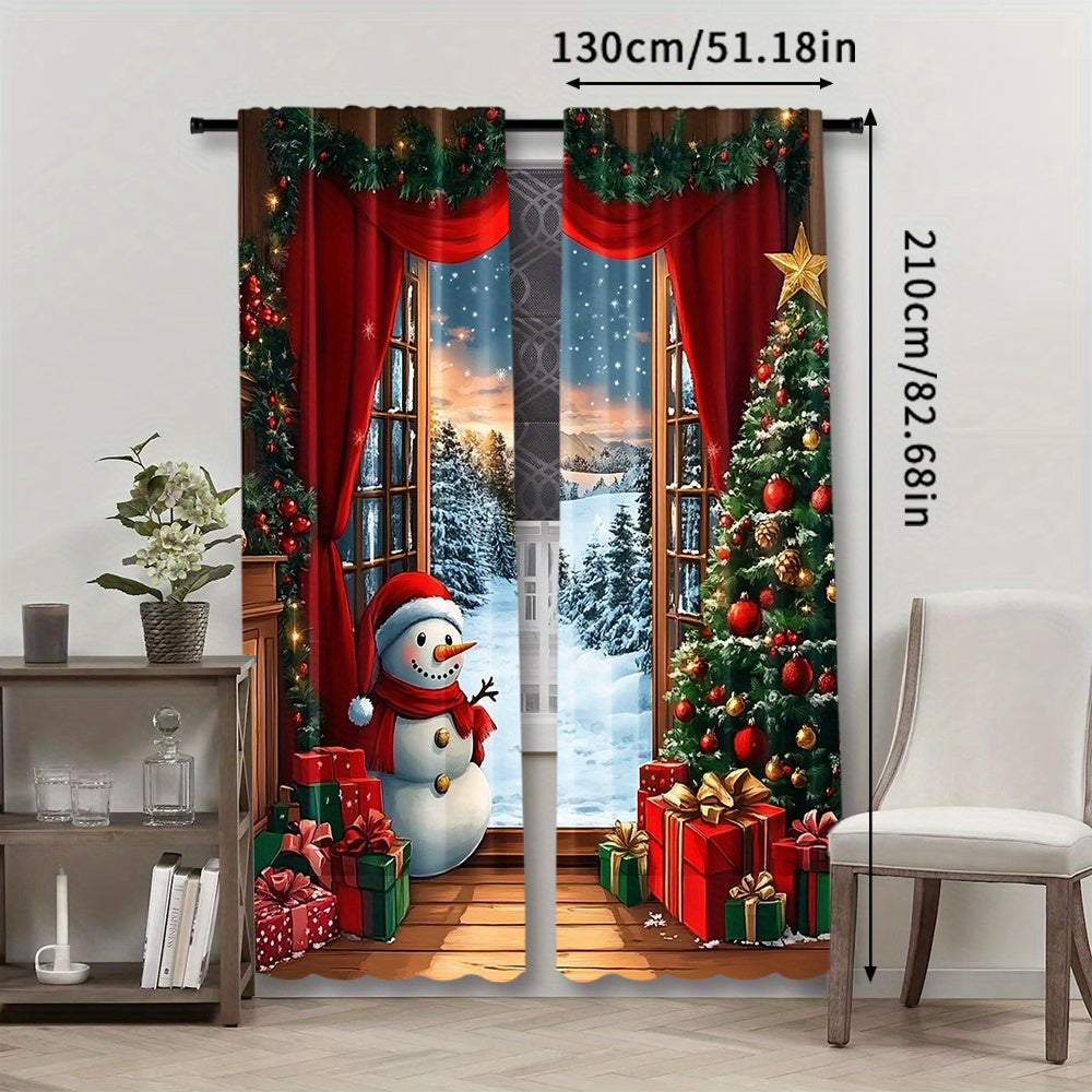 Set of 2 Christmas Curtains Santa Snowman Rustic Wooden Background Holiday Decor Polyester Easy Rod Pocket