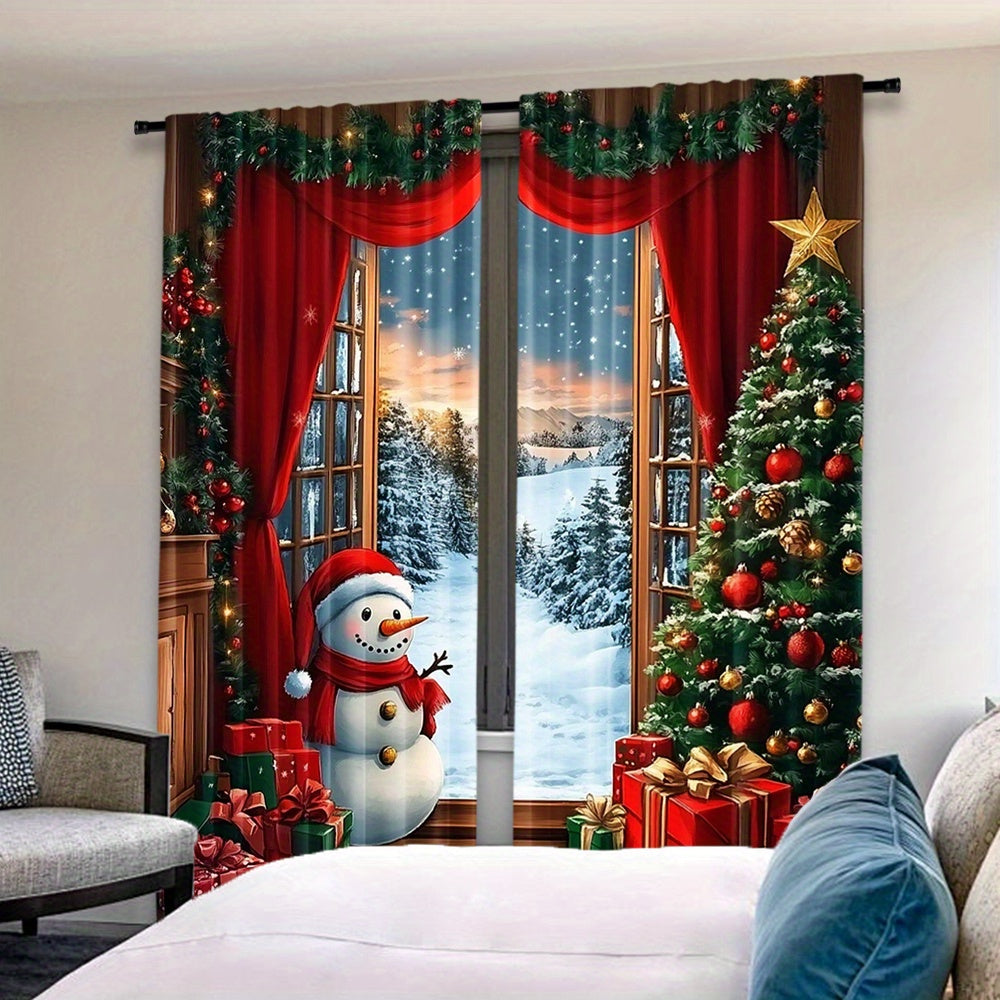 Set of 2 Christmas Curtains Santa Snowman Rustic Wooden Background Holiday Decor Polyester Easy Rod Pocket