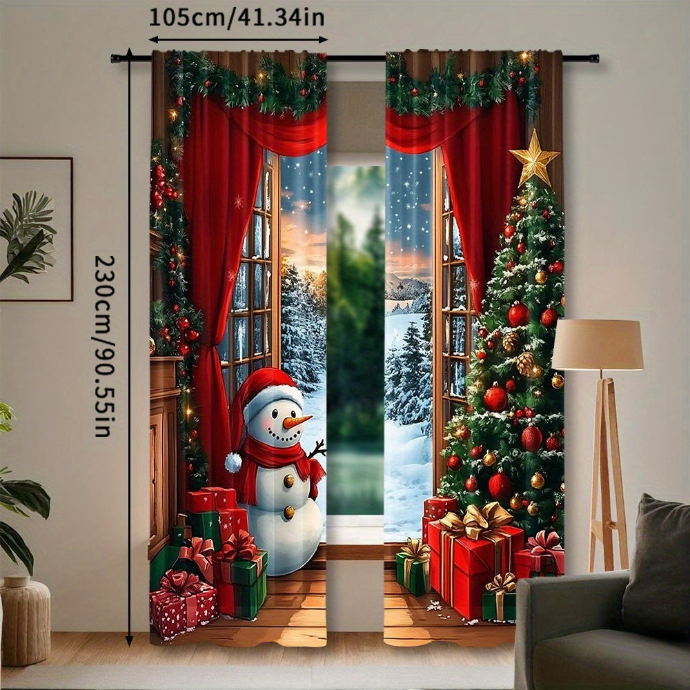 Set of 2 Christmas Curtains Santa Snowman Rustic Wooden Background Holiday Decor Polyester Easy Rod Pocket