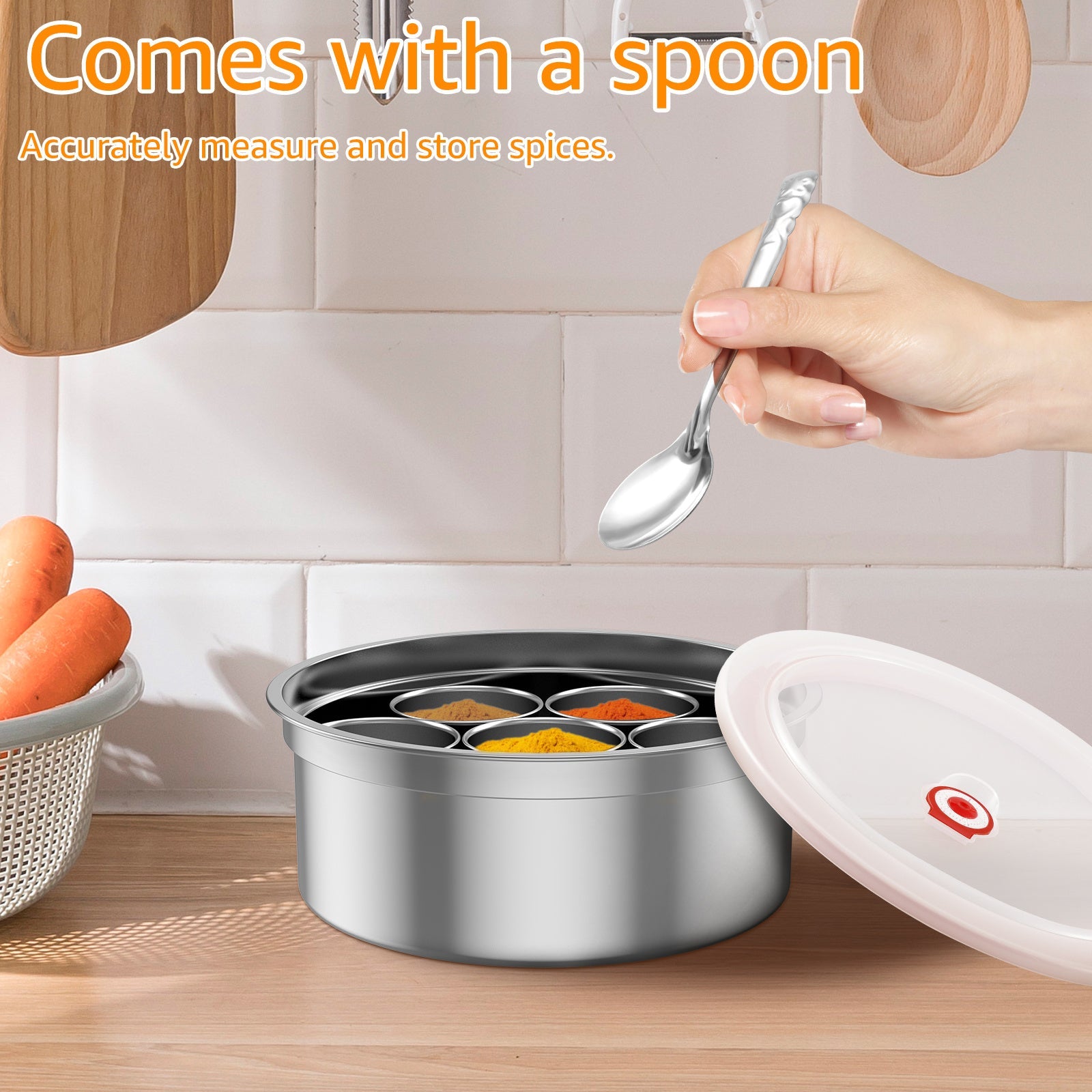 Durable Metal 7-in-1 Spice Rack Container with Transparent Lid and Spoon