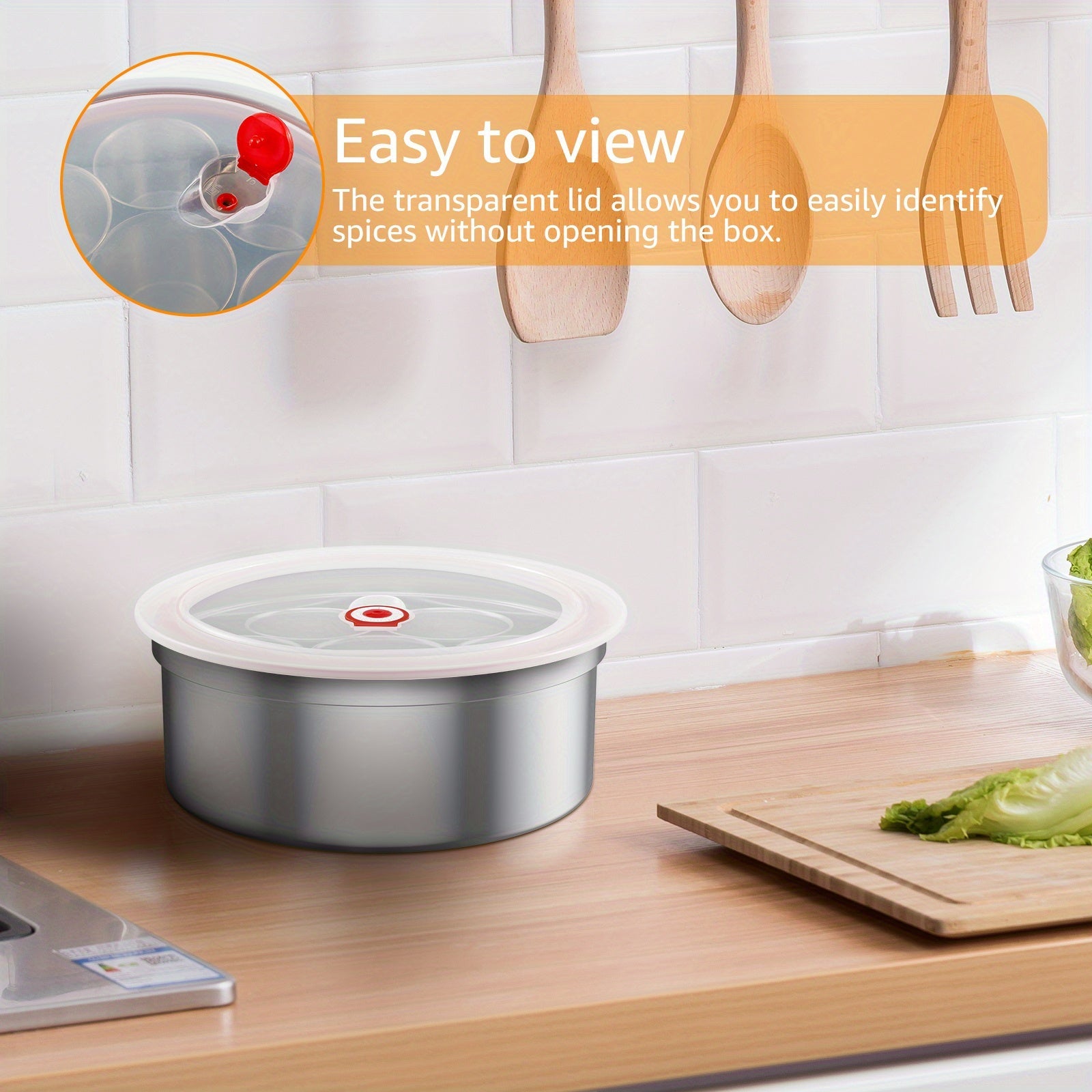 Durable Metal 7-in-1 Spice Rack Container with Transparent Lid and Spoon