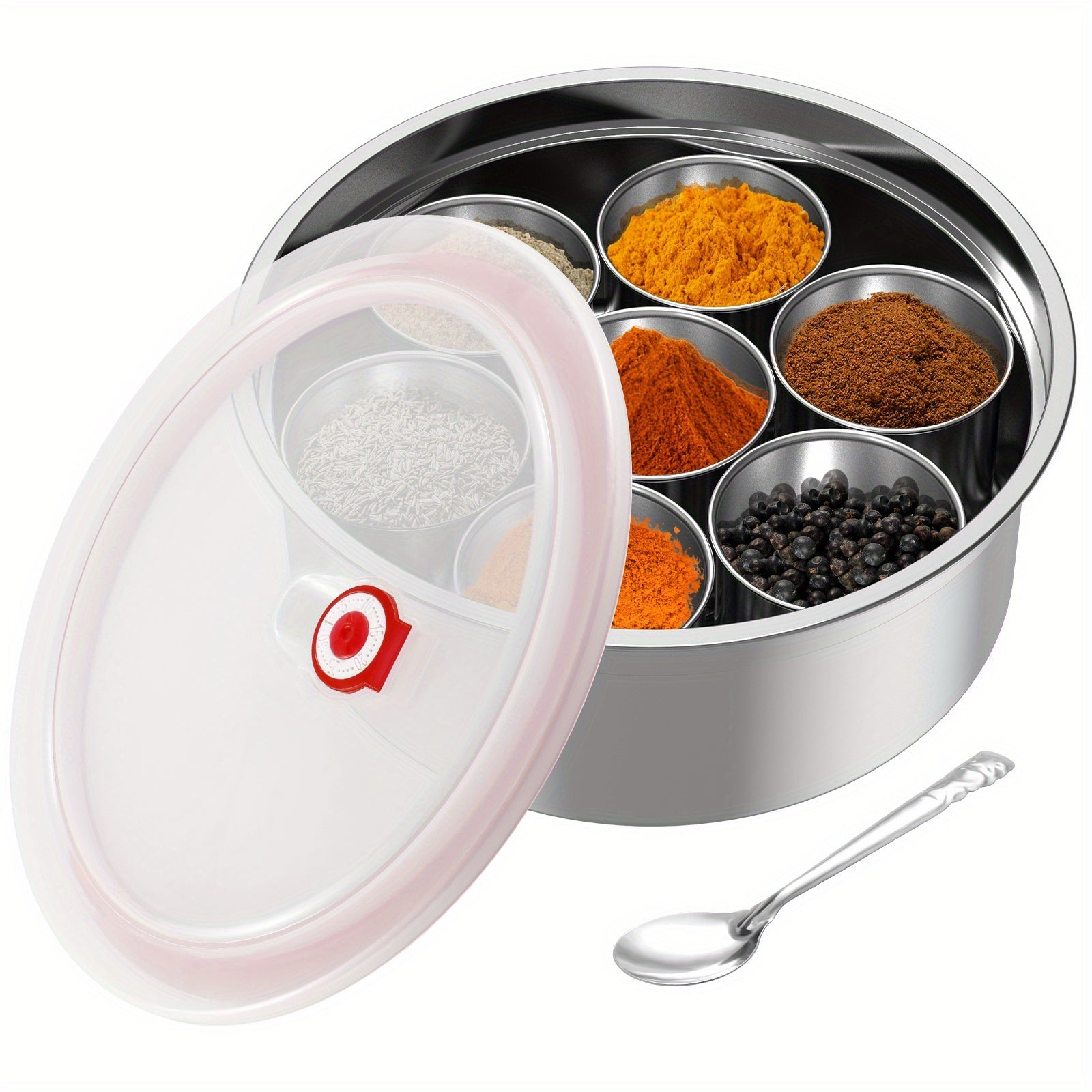 Durable Metal 7-in-1 Spice Rack Container with Transparent Lid and Spoon