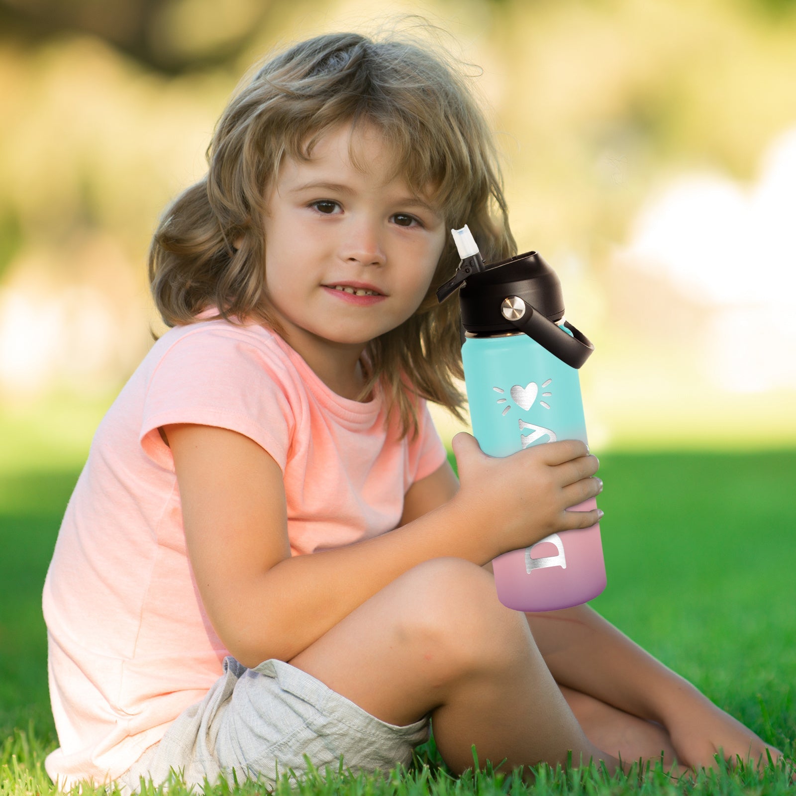 Personalized Kids Water Bottle 18oz Stainless Steel Insulated Flask with Straw