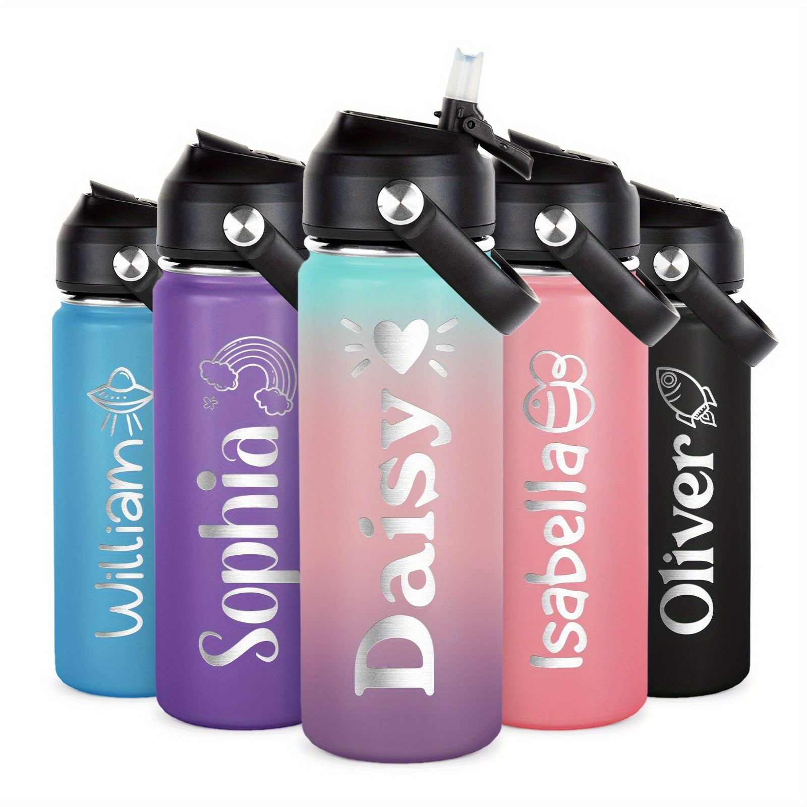 Personalized Kids Water Bottle 18oz Stainless Steel Insulated Flask with Straw