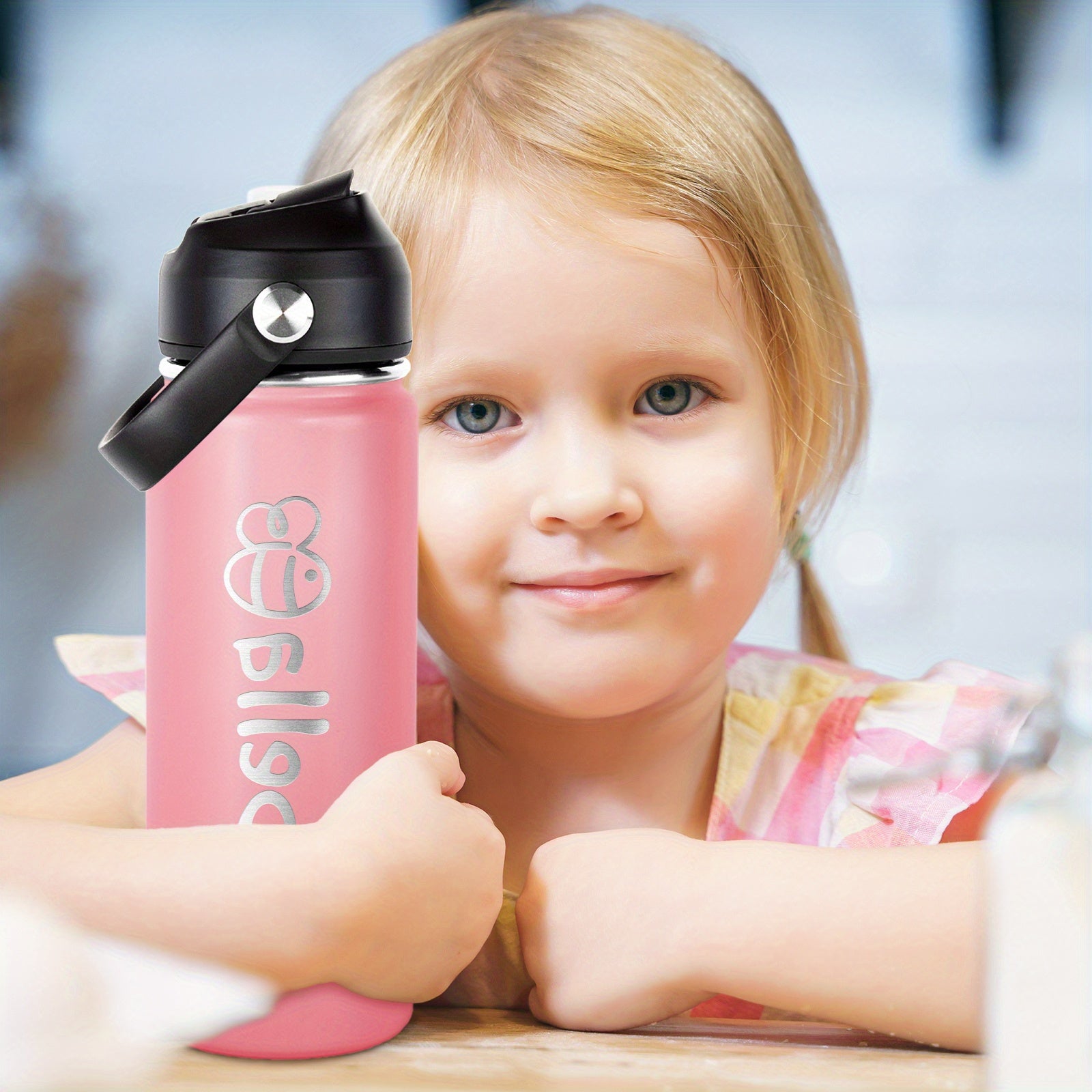 Personalized Kids Water Bottle 18oz Stainless Steel Insulated Flask with Straw