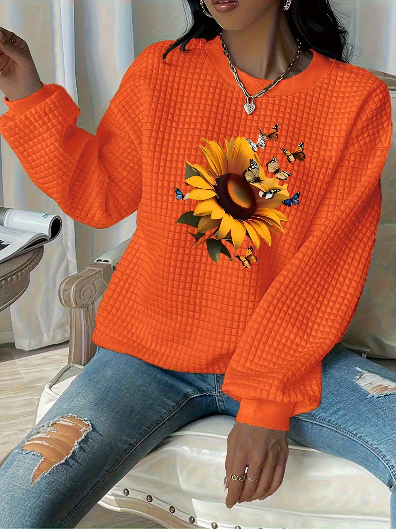 Plus Size Women's Waffle Sweatshirt Floral Sunflower Print Orange Casual Pullover