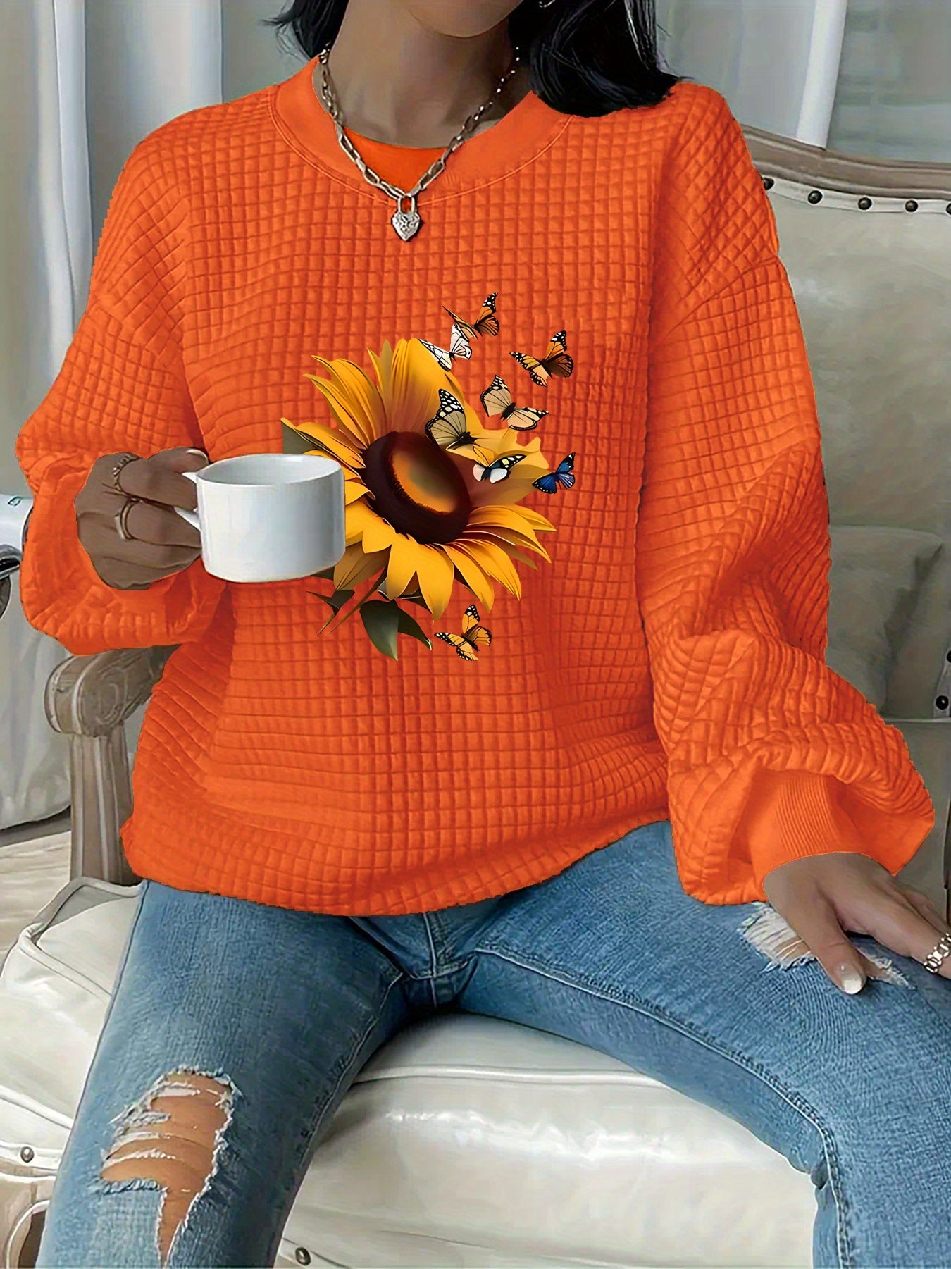 Plus Size Women's Waffle Sweatshirt Floral Sunflower Print Orange Casual Pullover