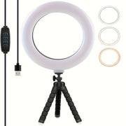 Adjustable LED Ring Light with USB Power and Flexible Bracket for Smartphones and Cameras