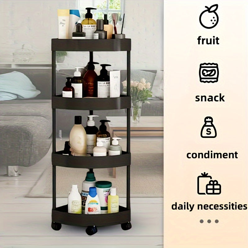 Сборка не требуется! Этот универсальный органайзер представляет собой 4-ярусную пластиковую тележку для хранения на колесах с треугольным угловым дизайном. Идеально подходит для использования на кухне, в ванной, гостиной или офисе.