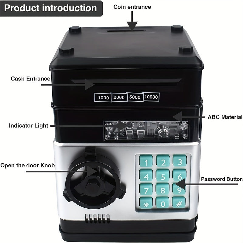 Kids' Toy Piggy Bank with Digital ATM Lock and Coin Storage Black Plastic for Ages 3+
