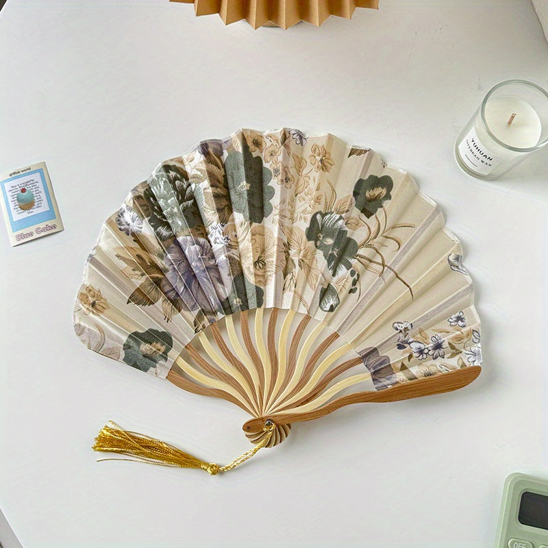 Vintage Chinese Folding Fan with Ink Design and Tassel Handheld Cooling Accessory