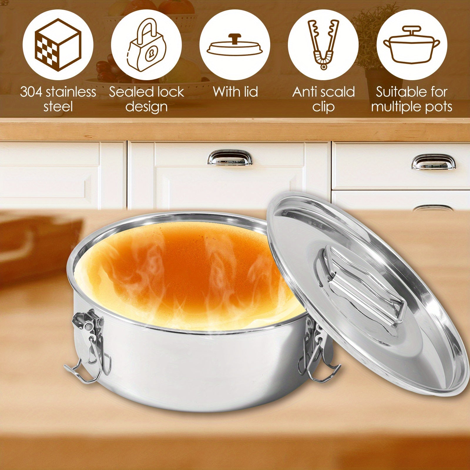 Stainless Steel Multi-Functional Flan Maker with Lid and Handle for Cheesecakes Puddings