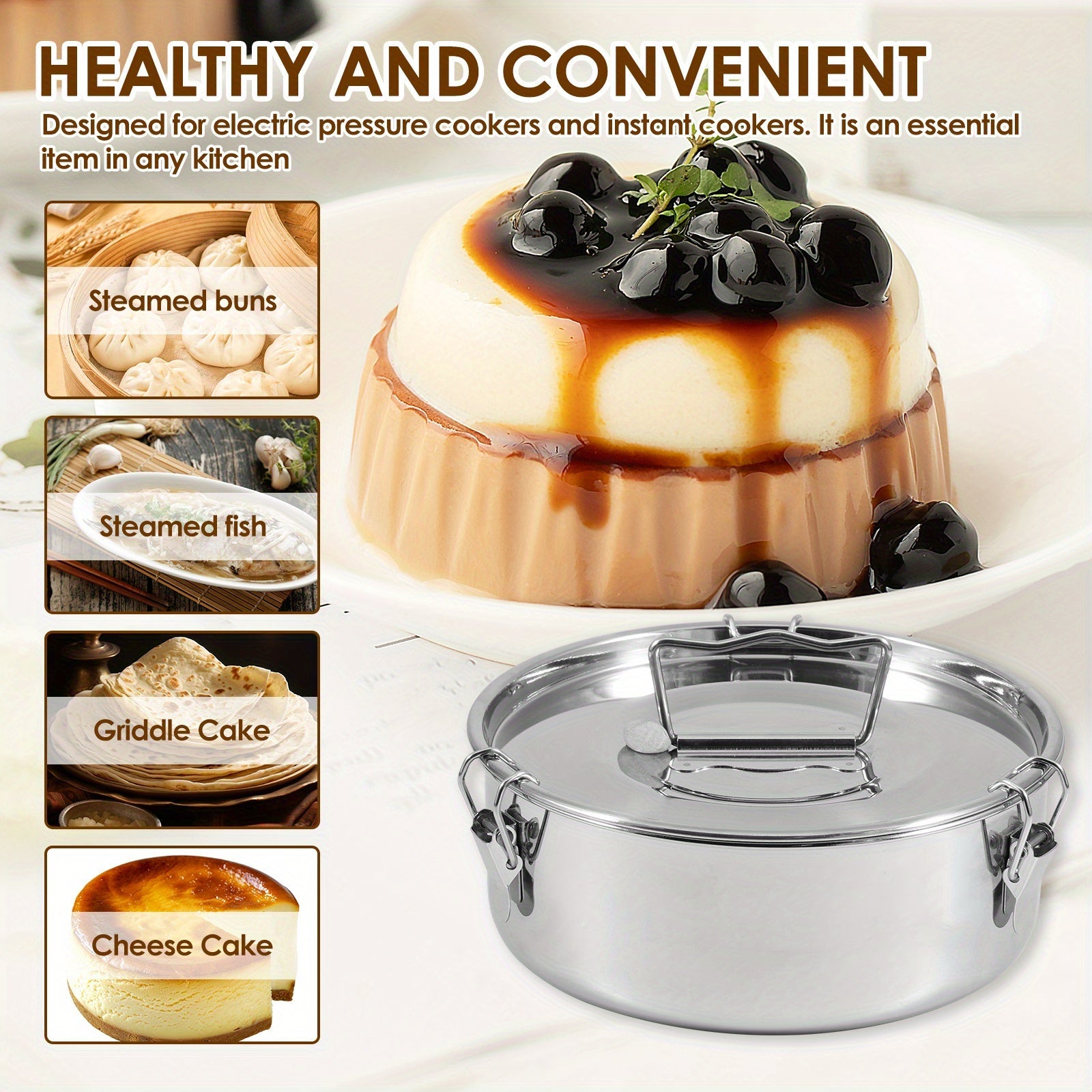 Stainless Steel Multi-Functional Flan Maker with Lid and Handle for Cheesecakes Puddings