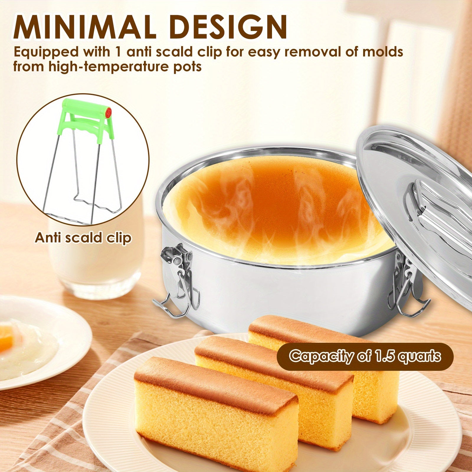 Stainless Steel Multi-Functional Flan Maker with Lid and Handle for Cheesecakes Puddings