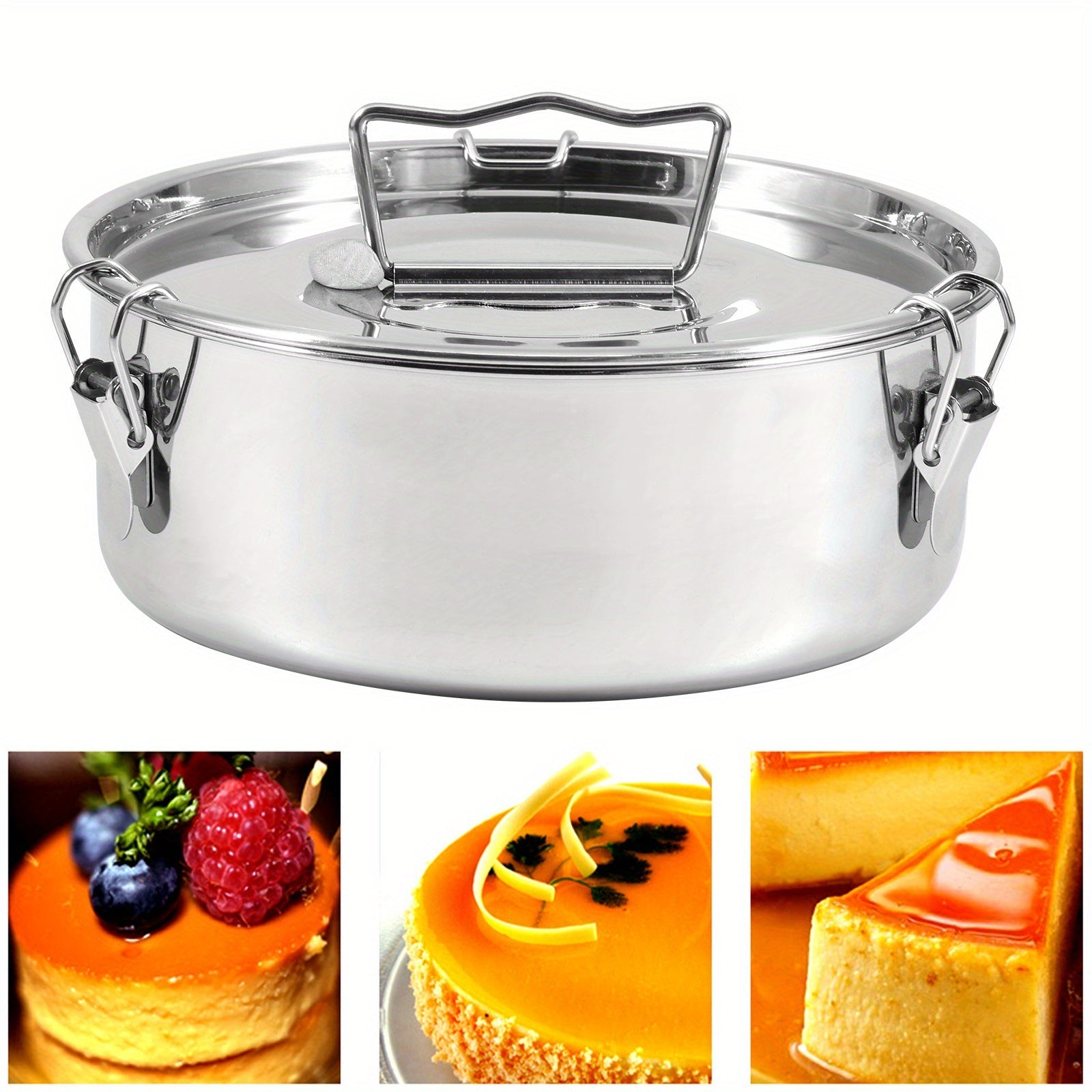 Stainless Steel Multi-Functional Flan Maker with Lid and Handle for Cheesecakes Puddings