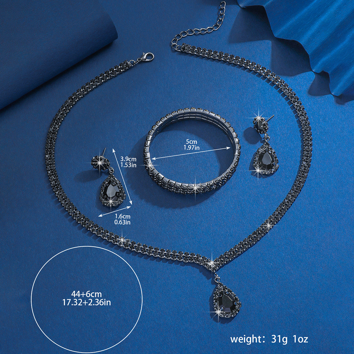 Conjunto de joyería boho-chic para mujer en negro con piedras de fantasía, collar, pendientes y pulsera para bodas y fiestas