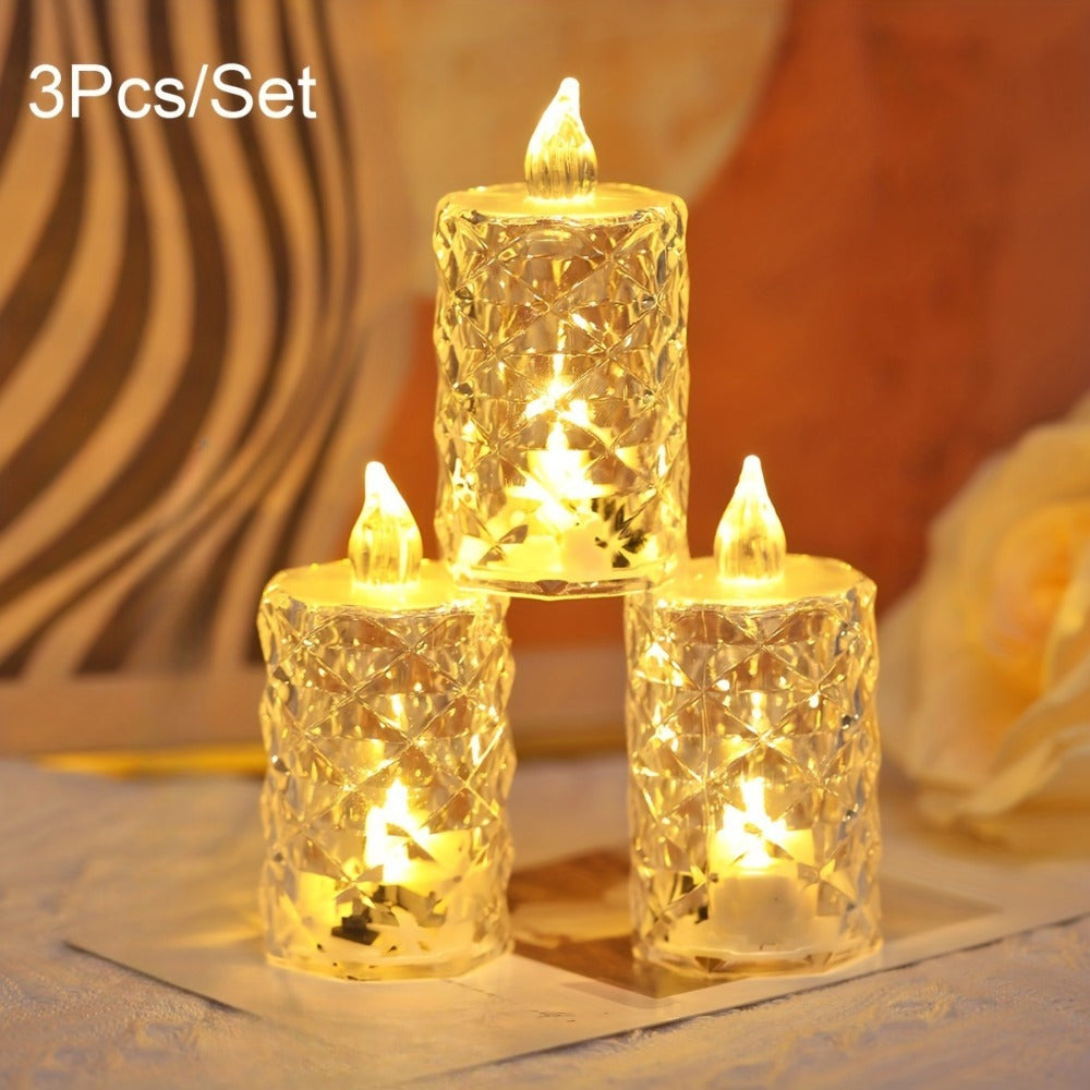 Set of 3 Battery-Operated LED Tea Light Candles with Cut Patterns for Indoor Outdoor Decor