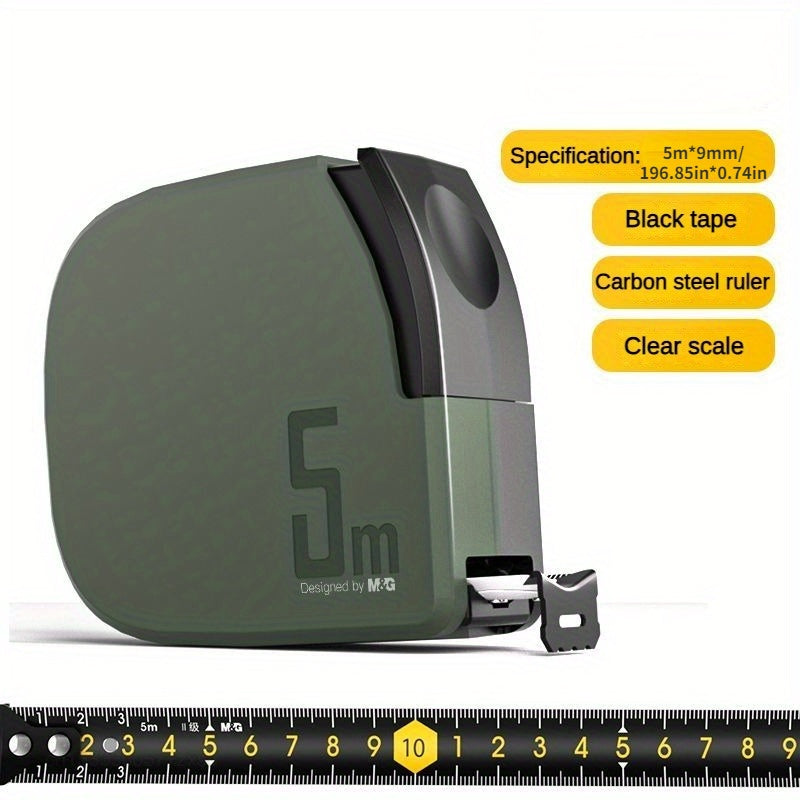 Yuqori aniqlik bilan 5M o'lchov qiladigan, yog'och ishlash va uyda foydalanish uchun mo'ljallangan portativ karbonli po'lat o'lchov lenta.
